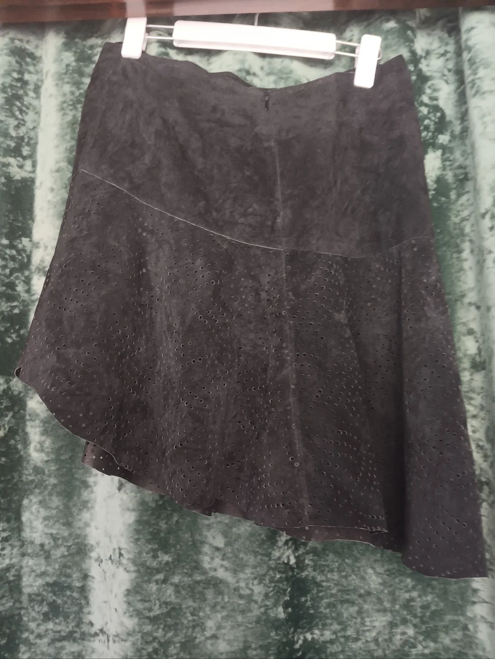 Vintage Bebe Suede Leather Skirt 8 Black Perforated Asymmetrical Hem - Picture 3 of 10